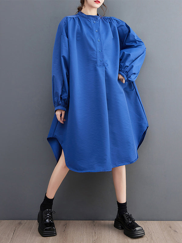 Loose Puff Sleeves Solid Color Stand Collar Midi Dresses