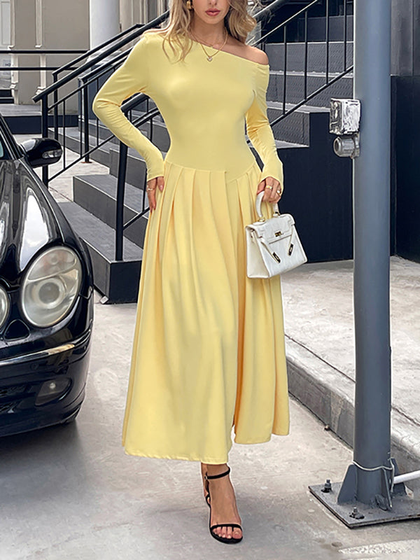 Pleated Solid Color Split-Front High Waisted Long Sleeves One-Shoulder Maxi Dresses