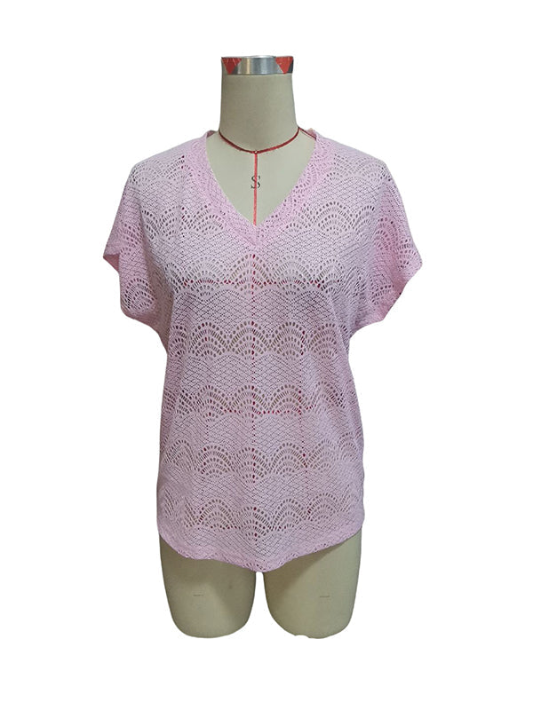 Hollow See-Through Solid Color Split-Joint Loose Short Sleeves V-Neck T-Shirts Tops