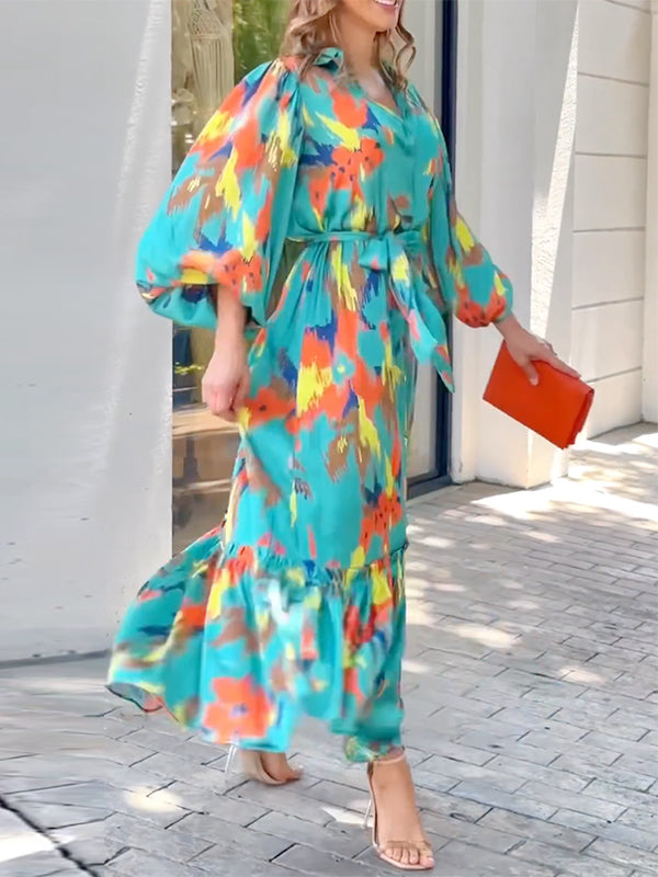 Printed Long Sleeves Loose Lapel Collar Maxi Dresses