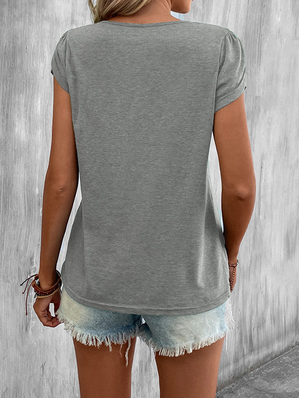 Solid Color Loose Short Sleeves V-neck T-Shirts Tops