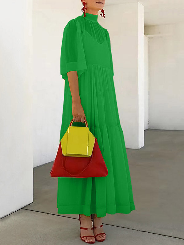 Loose Plus Size Mesh Pleated Solid Color Split-Joint Mock Neck Maxi Dresses Two Pieces Set