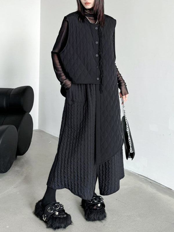 Asymmetric Buttoned Quilted Solid Color Tasseled Loose Sleeveless U-neck Padded Vest