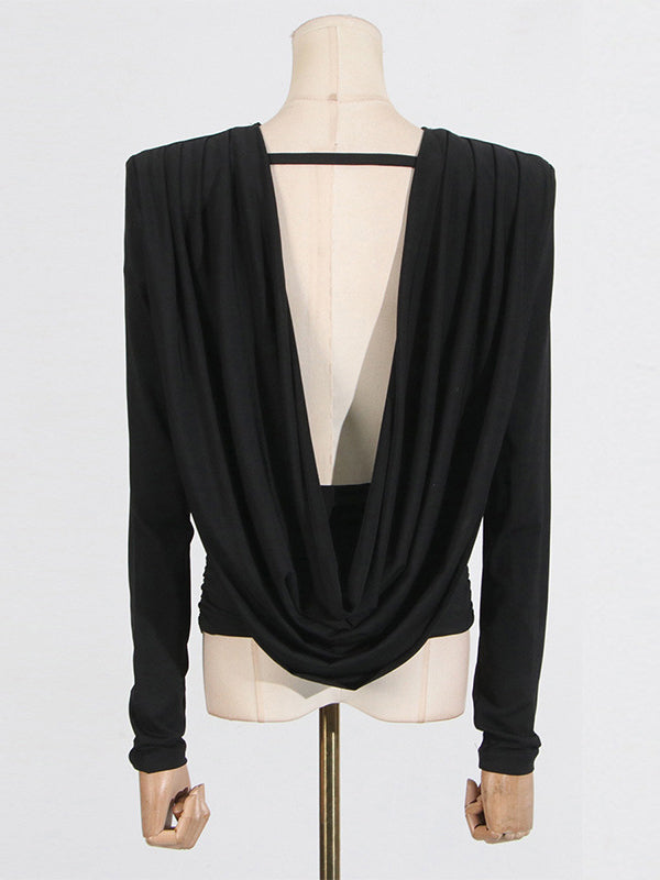 Backless Shoulder Pad Solid Color Long Sleeves Round-Neck Blouses&Shirts Tops