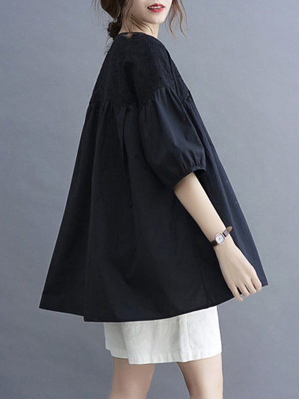 Hollow Pleated Solid Color Split-Joint Half Sleeves Loose V-Neck T-Shirts