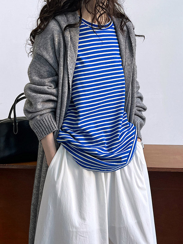 Contrast Color Striped Long Sleeves Loose Round-neck Sweatshirt Tops