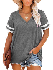 Contrast Color Striped Loose Short Sleeves V-Neck T-Shirts