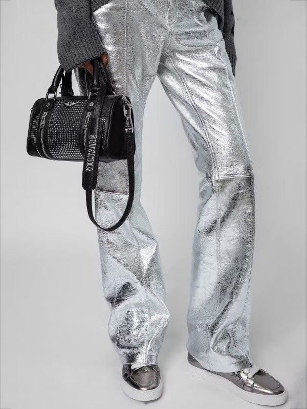 Pockets Shiny Split-Joint Trousers Pants
