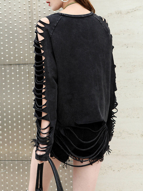 Hollow Solid Color Split-Joint Long Sleeves Loose Round-neck T-shirts