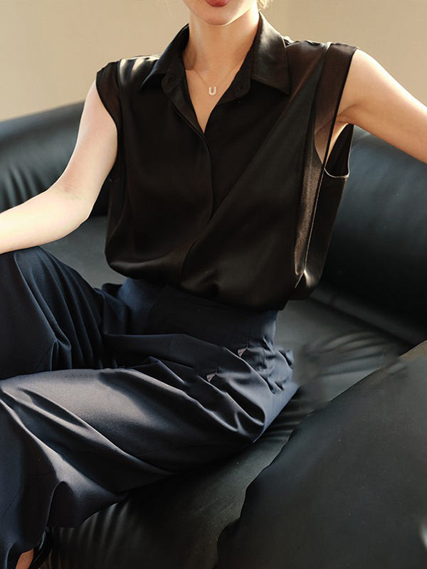 Buttoned Solid Color Split-Joint Loose Sleeveless Lapel Blouses&Shirts Tops