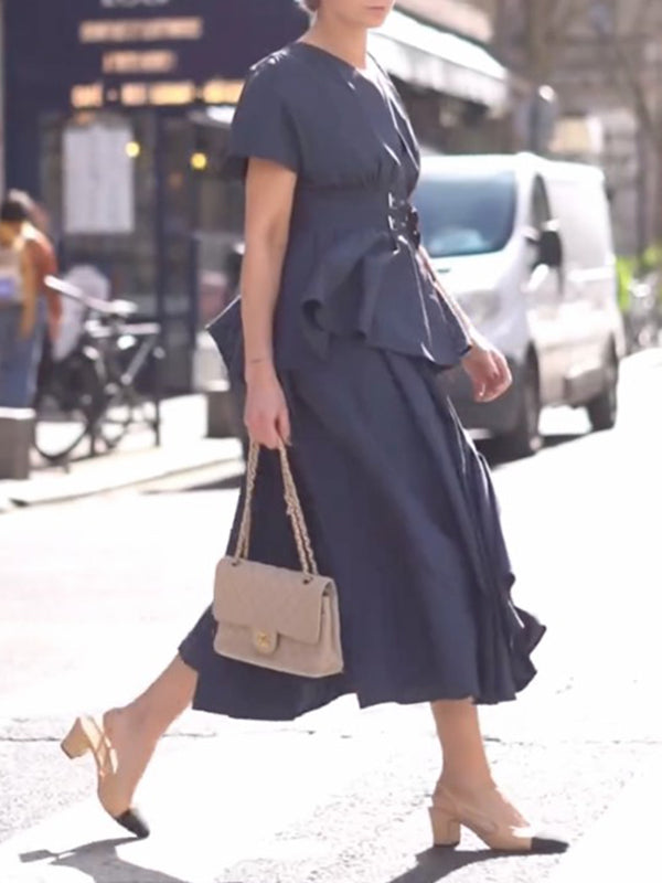 Buckle High-Waisted Solid Color Split-Joint False Two Loose Deep V-Neck Midi Dresses