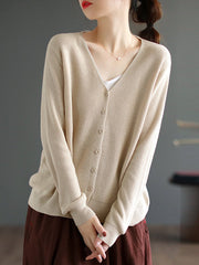 Solid Color Long Sleeves Loose V-Neck Cardigan Tops