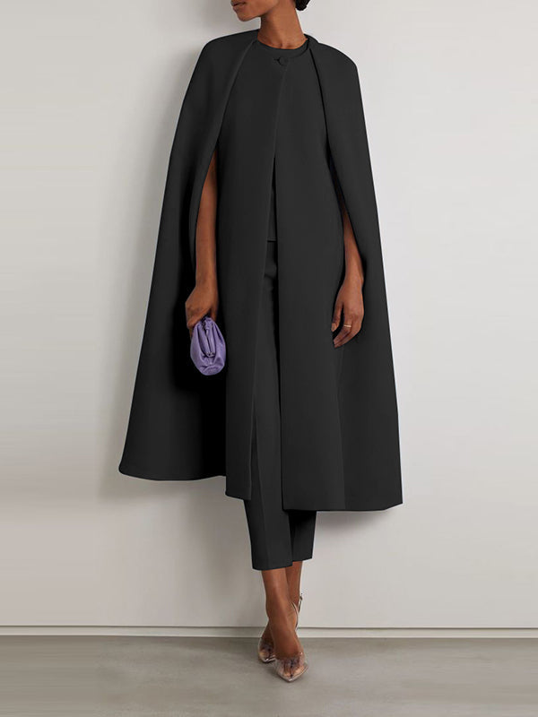Solid Color Cap Sleeve Round-neck Two Pieces Set Pants Cape