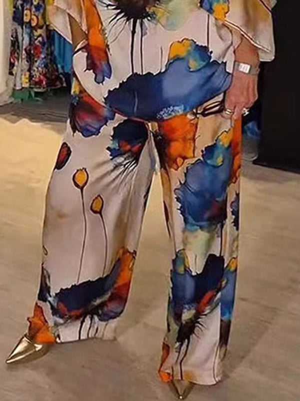 Elasticity Printed High Waisted Loose Trousers Pants