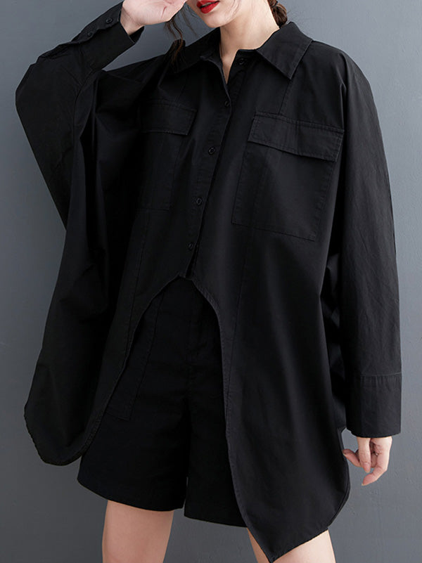 Casual Long Sleeves Irregularity Buttoned Solid Color Lapel Collar Blouses&Shirts Tops