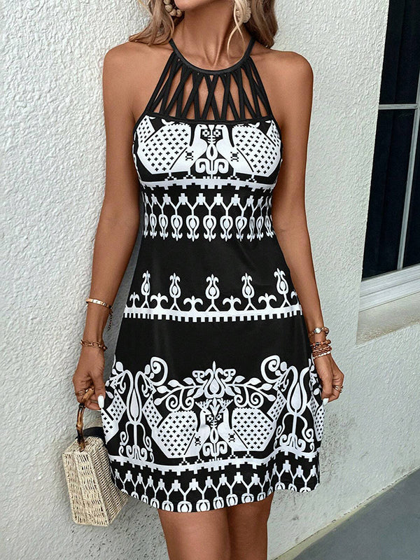 Hollow Printed Split-Joint Loose Sleeveless Halter-Neck Mini Dresses
