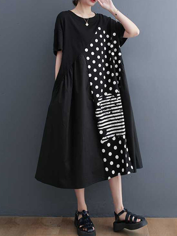 Asymmetric Pockets Polka-Dot Split-Joint A-Line Loose Round-Neck Midi Dresses