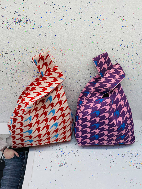 Contrast Color Houndstooth Cute Woven Handbag Bags