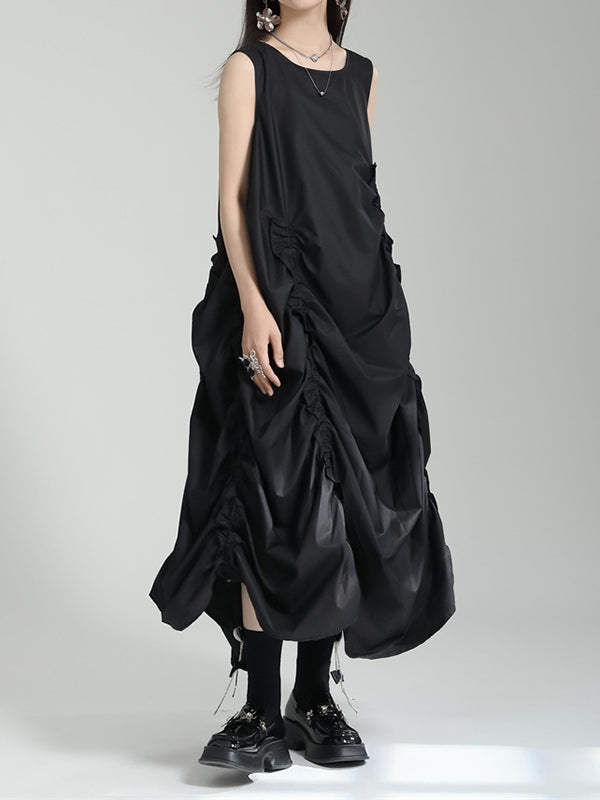 Solid Color Irregular clipping Loose Round-neck Midi Dresses