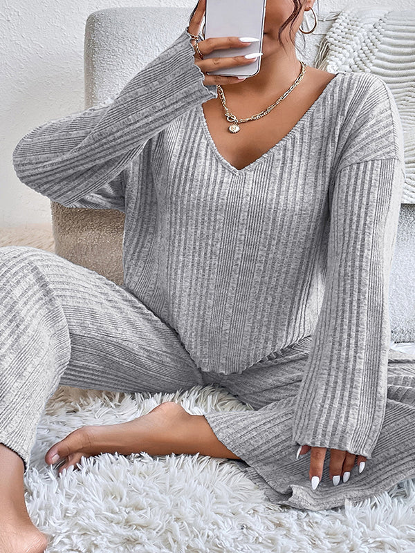 Solid Color Long Sleeves Loose V-Neck Shirt Top + Pants Bottom Pajama Sets