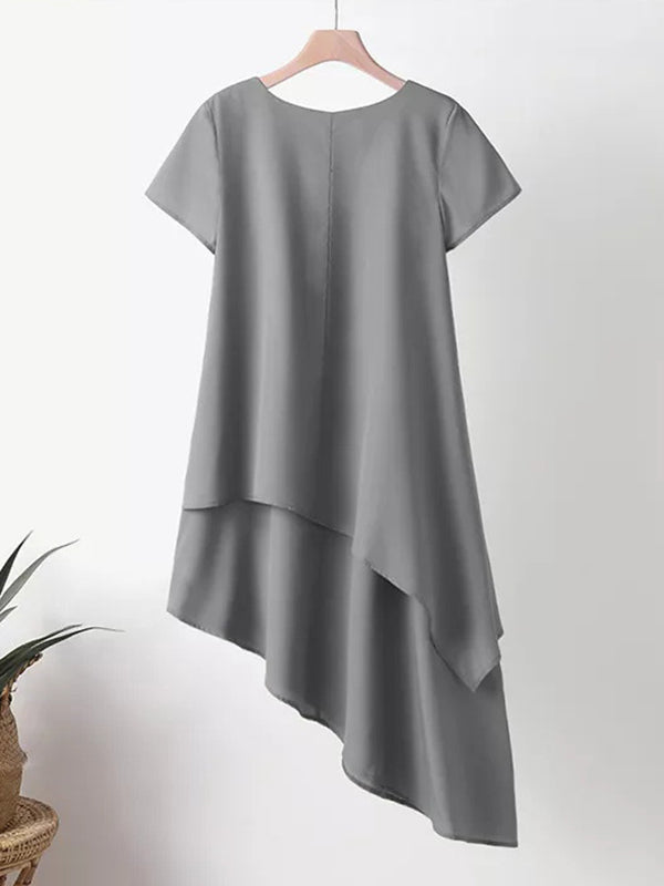 Asymmetric Solid Color Split-Joint Plus Size Short Sleeves Round-Neck Midi Dresses