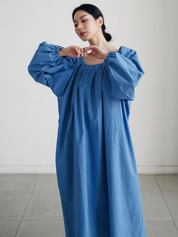 Original Casual Loose Solid Color Pleated Puff Sleeves Midi Dress