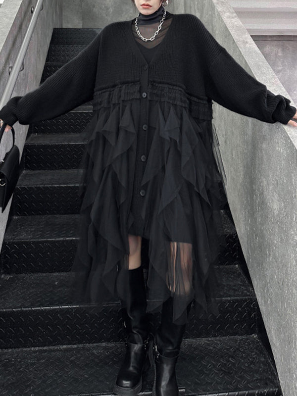 Buttoned Pleated Solid Color Split-Joint Tulle Velvet Long Sleeves Loose V-Neck Cardigan Tops