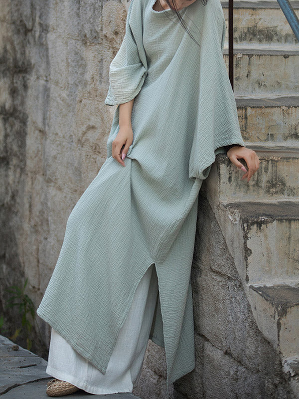 Solid Color Split-Joint Split-Side Batwing Sleeves Round-Neck Midi Dresses