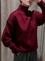 Solid Color Split-Joint Long Sleeves Loose High Neck Sweater Tops Pullovers