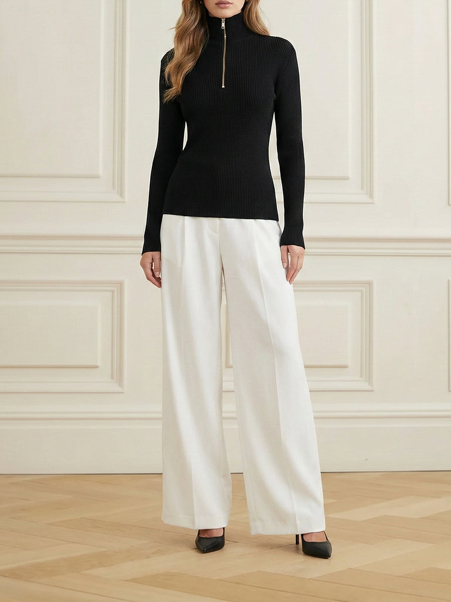 Long Sleeves Skinny Solid Color Zipper High Neck Pullovers