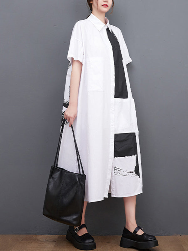 Original Loose Short Sleeves Buttoned Contrast Color Printed Midi Dresses