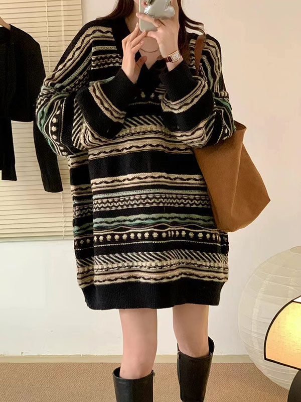 Striped Velvet Long Sleeves Loose V-Neck Sweater Dresses Pullovers
