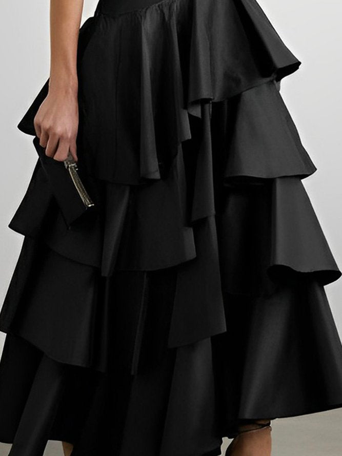 A-Line High Waisted Falbala Solid Color Long Skirts Skirts Bottoms