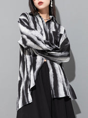 Split-back Tie-dyed Irregular clipping Long Sleeves Lapel Shirts Tops