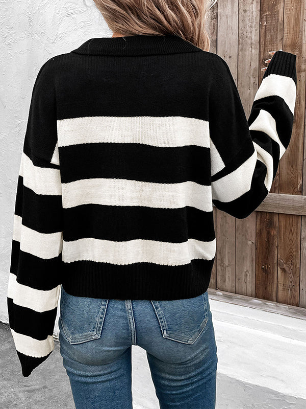 Contrast Color Split-Joint Striped Long Sleeves Loose Lapel Sweater Tops Pullovers