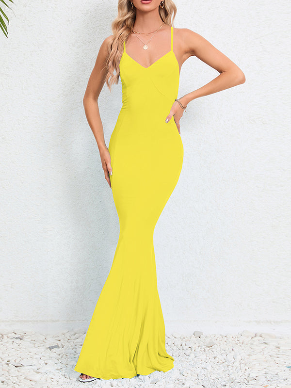 Solid Color Split-Joint Bodycon Mermaid Spaghetti-Neck Maxi Dresses
