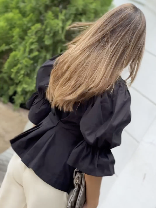 Asymmetric Buttoned Solid Color High-Low Puff Sleeves Deep V-Neck Blouses&Shirts Tops