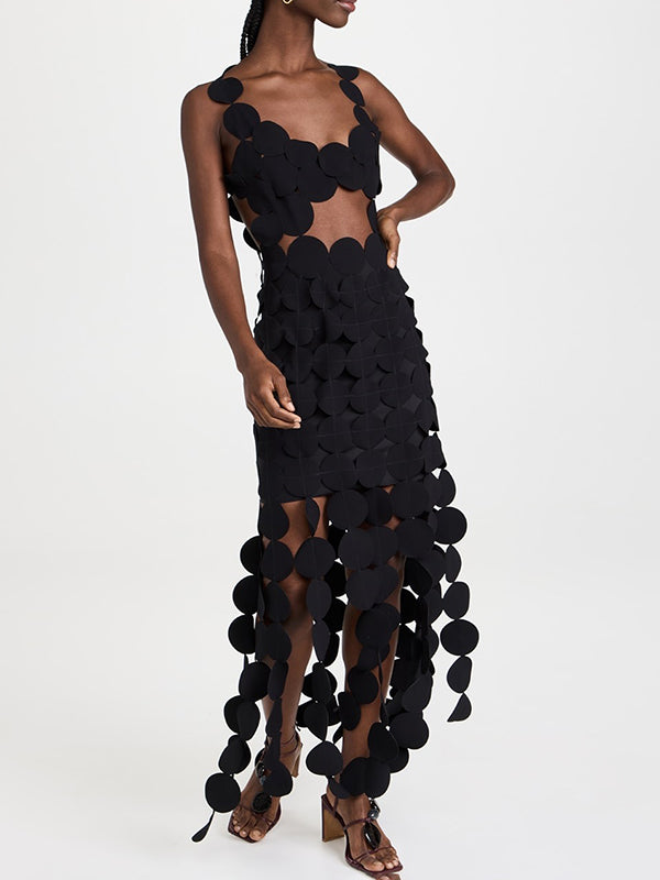 Backless Hollow Polka-Dot Solid Color Split-Joint Loose Sleeveless Round-neck Maxi Dresses