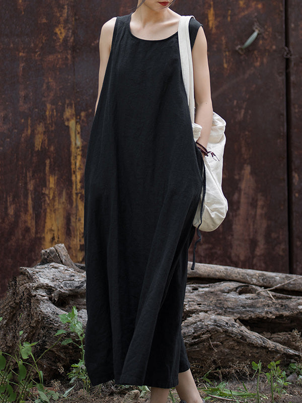 Drawstring Solid Color Split-Joint Tied Waist Loose Sleeveless Round-Neck Midi Dresses