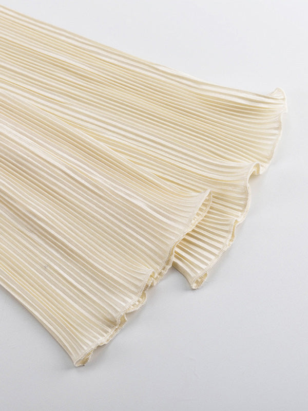 Lace-Up Pleated Solid Color Split-Joint Long Sleeves Loose Deep V-Neck Blouses&Shirts Tops