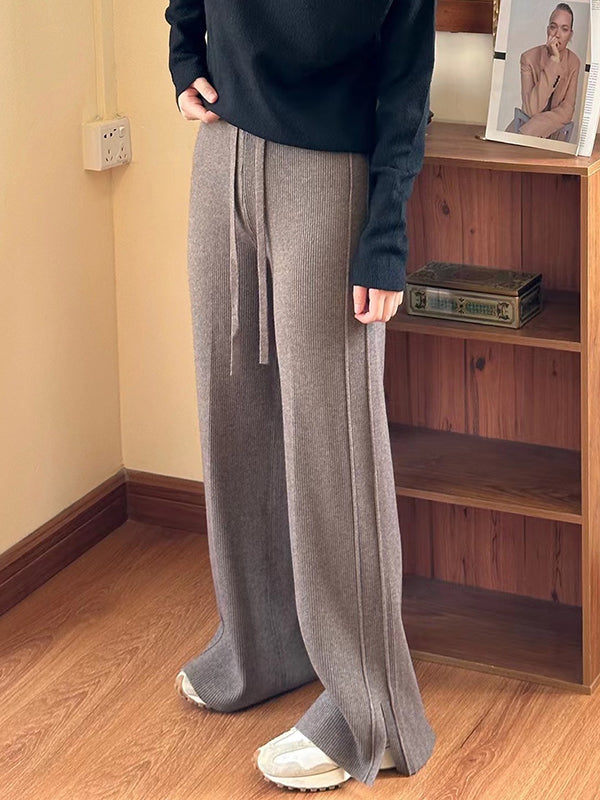 Drawstring Solid Color Split-Side Velvet High Waisted Loose Trousers Pants