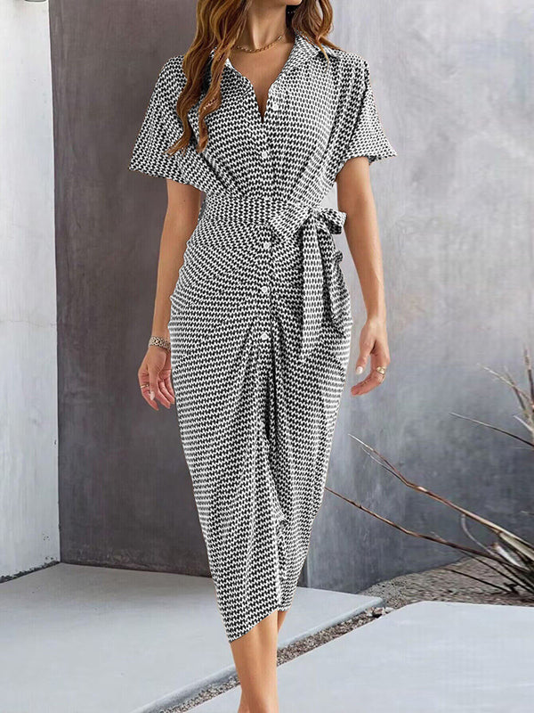 Buttoned Contrast Color Tied Waist Bodycon Half Sleeves Lapel Midi Dresses