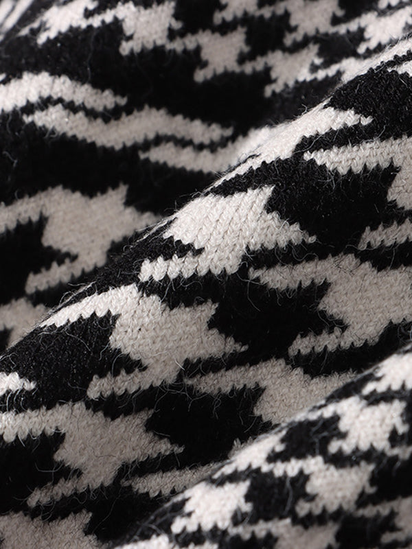Long Sleeves Loose Contrast Color Houndstooth Split-Joint Round-Neck Cardigan Tops