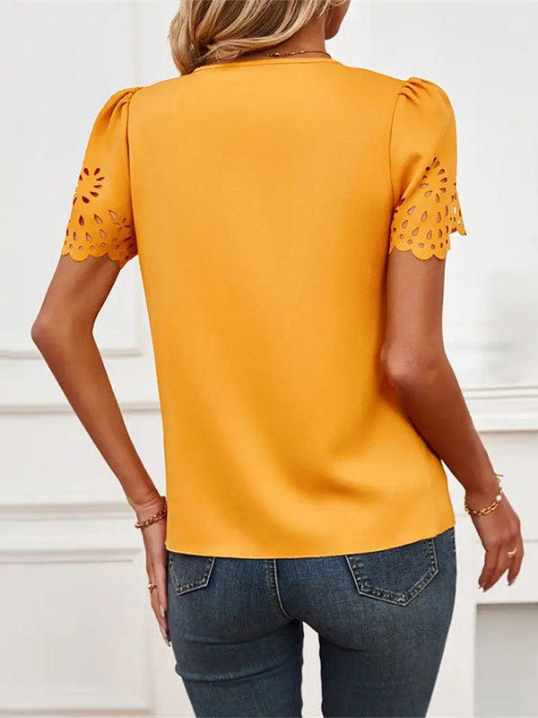 Hollow Solid Color Split-Joint Loose Short Sleeves V-Neck T-Shirts Tops
