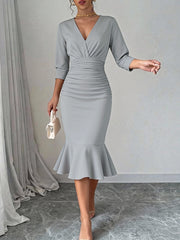 Interlace Solid Color Split-Joint Split-Side Bodycon Elasticated Waist Deep V-Neck Midi Dresses