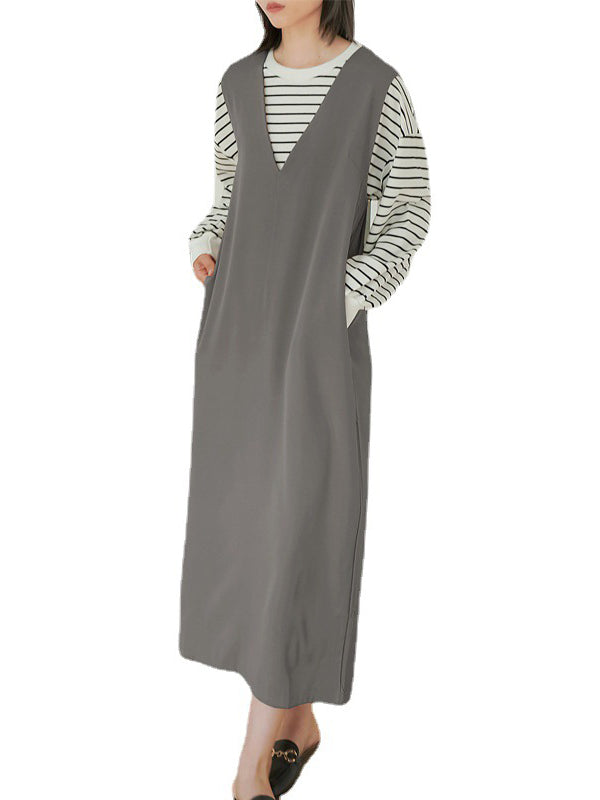 Casual A-Line Sleeveless Solid Color V-Neck Midi Dresses