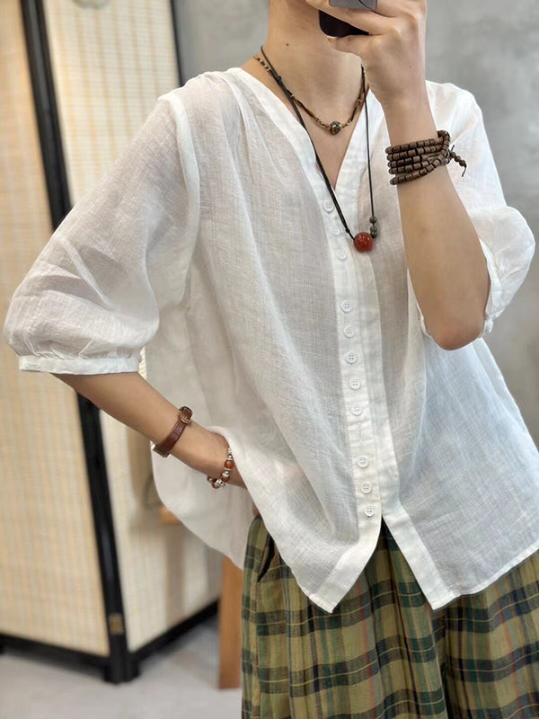 Solid Color Half Sleeves Loose V-neck Blouses&shirts Tops