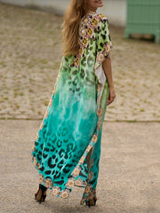 Leopard Printed Split-side Batwing Sleeves Loose V-neck Maxi Dresses Beach Cover-Up