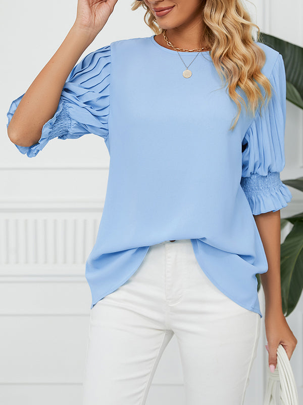 Pleated Solid Color Loose Puff Sleeves Round-Neck T-Shirts Tops