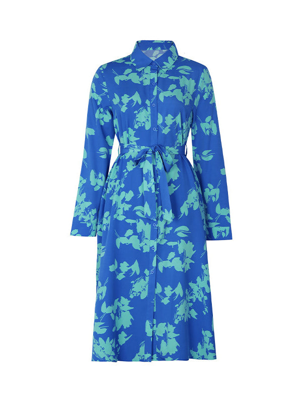 Printed Split-Joint Tied Waist Long Sleeves Loose Lapel Shirt Dress Midi Dresses